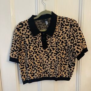 Lazy Oaf Leopard Knitted Polo Top US 14